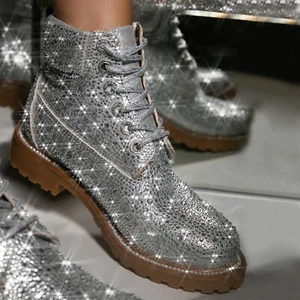 New Womens Bling Rhinestone Lace-Up Combat Military Boot Ankle Booties Round Toe - Picture 1 of 20
