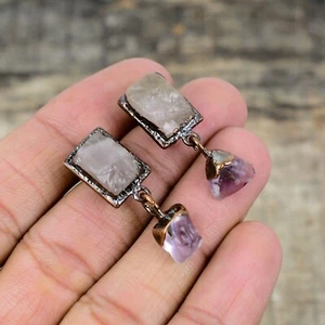 Pendientes colgantes de cobre natural de cuarzo rosa con bisel áspero electroformado - Imagen 1 de 6