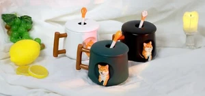Cute Dog Ceramic Mug Wood Handle Design With Spoon And Lid - Picture 1 of 21