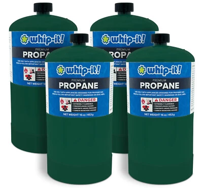 WHIP-IT! Whip It 4 pk Propane 16 oz, 1 lb GAS Fuel Cylinder Camping Not Coleman Tank BBQ