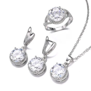 New 10MM Shinny White Topaz Gemstone Women Jewelry Set Earring Necklace Ring - Picture 1 of 6