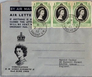 1953 St Vicent Queen Elizabeth II Coronation FD Cover To England Air Letter - Picture 1 of 2