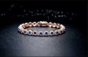 10Ct Round Simulated Blue Sapphire Halo Tennis Bracelet 14K Rose Gold Finish - Picture 1 of 4