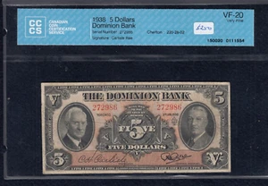 1938 The Dominion Bank $5 - CH 220-28-02 - S/N: 272986 - CCCS VF-20 A3 - Picture 1 of 2