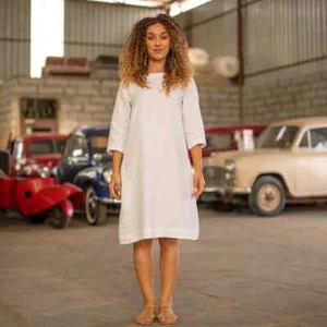 Linen Midi Dress with Pockets, Boat Neck Summer Dress, Plus Size Clothing - Picture 1 of 10