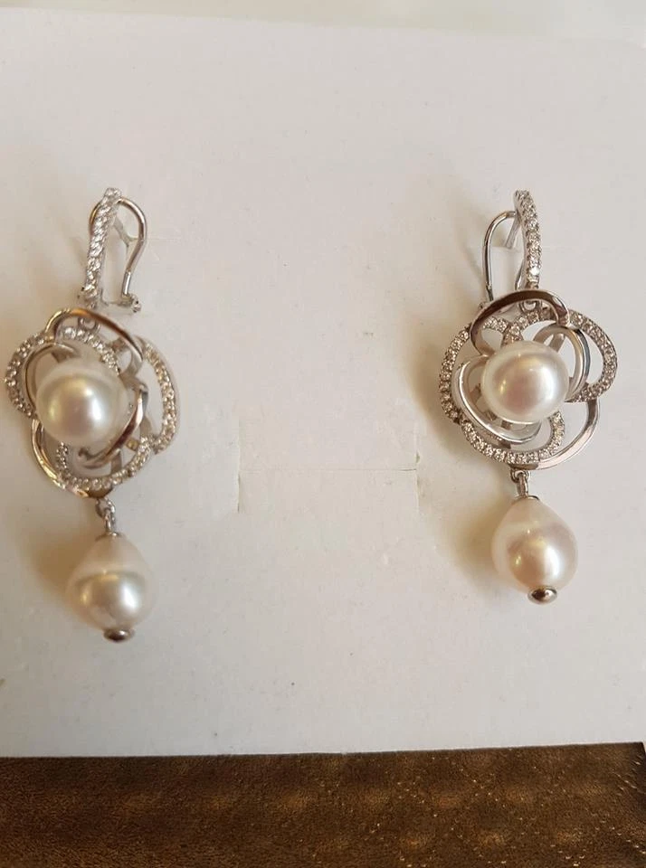 Orecchini donna fiore argento 925 perla bianca,zirconi bianchi  Earring Pearl - Immagine 1 di 1