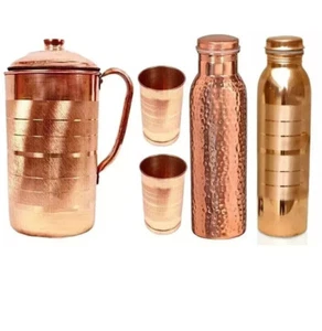 Pure Copper Water Pitcher Jug 1.5 Ltr Water Bottle Flasks Tumber Glass Set Of 5 - Picture 1 of 10