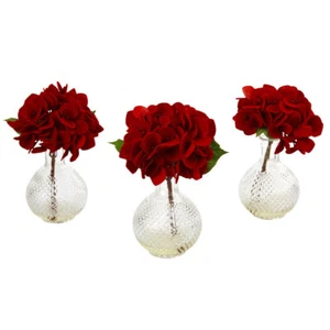 ORTENSIA ROSSA SETA 12" COMPOSIZIONI ACCENTO FLOREALE ARTIFICIALE con VASO - SET di 3 - Foto 1 di 3