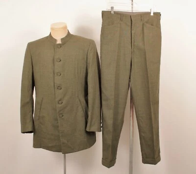 男式复古 60 年代深绿色 2 件尼赫鲁领套装尺寸 M 20 世纪 60 年代羊毛 — 第 1/4 张图片