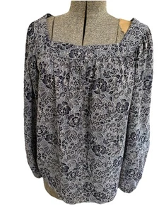 Lauren Conrad Blue Floral Paisley Print Blouse Long Puff Sleeve Size Large NEW - Picture 1 of 13