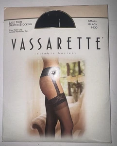 NEW VASSARETTE SMALL BLACK LACE TRIM GARTER STOCKINGS SHEER NYLON LEG #1430 - Picture 1 of 2