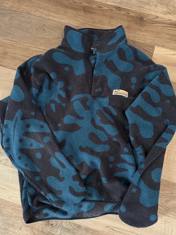 PATAGONIA Men's Sz l Synchilla Pataloha Ferns Big Sur Blue Aztec Floral Fleece - Image 1 of 1