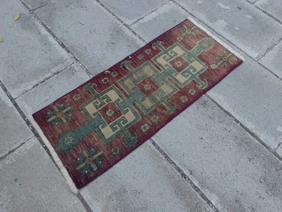 Vintage Turkish Small Rug 2.9x1.2 ft | Handwoven Anatolian Mat, Red Green - Image 1 of 4