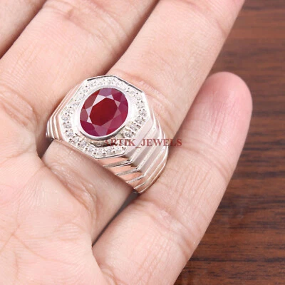 Erhitzter Rubin Edelstein Mit 925 Sterlingsilber Ring Für Herren #5464 - Bild 1 von 3