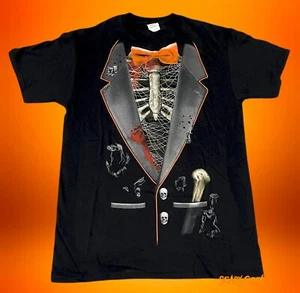 New Skeleton Zombie Vampire Tuxedo Halloween Horror Black Mens Vintage T-Shirt - Picture 1 of 2