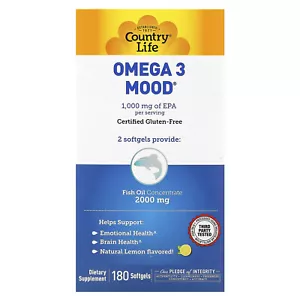 Country Life Omega 3 Mood Natural Lemon Flavored 180 Softgels Gluten-Free, GMP - Picture 1 of 3