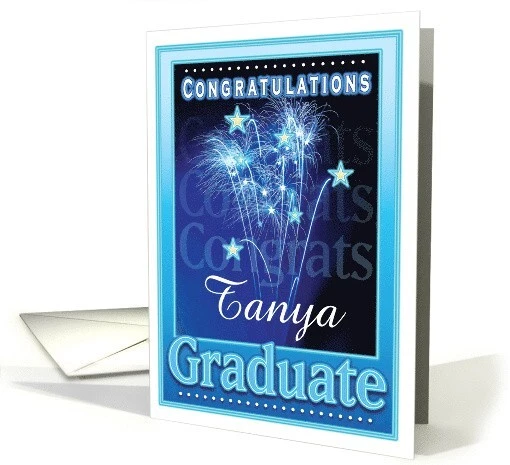 PERSONALIZAR Nombre en el frente Graduación Felicidades Tarjeta Azul Fuegos Artificiales Estrellas Foto 1 de 4