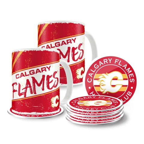 Calgary Flames Mug & Coaster Set - 2 Pack 15oz Mugs | 8 Pack Coasters Cover