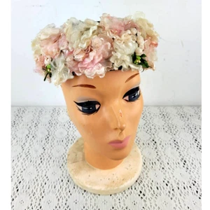 Vintage 50er / 60er Jahre Elfenbein Rosa Blumen Blumen Kirche Hochzeit Pillendose Strohhut - Bild 1 von 9