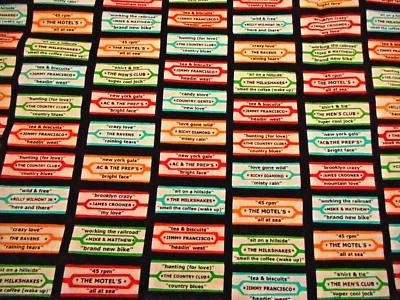 Cotton Fabric 1 7/8 Yard Jukebox Song Labels Retro Diner on Black Benartex Nov C - Image 1 of 2