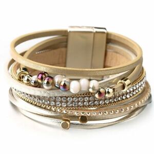 Women Crystal Beads Bracelet Multilayer Magnet Clasp Bangle Boho Wide Bracelets