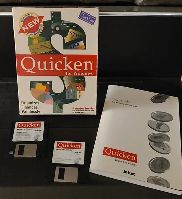 Vintage Quicken For Windows Version 3 Software Floppy w Box & Manuals - Image 1 of 2