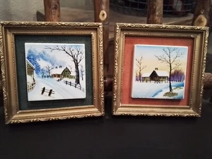 PAIR Vintage Ucago Ceramic Japan Painted Winter Scene Tile in Gilt Painted Wood - Picture 1 of 5