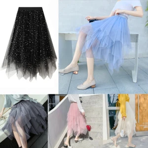 Womens Tulle Mesh Skirt Elastic High Waist Layers Pleated Skirt Long Dress - Picture 1 of 21