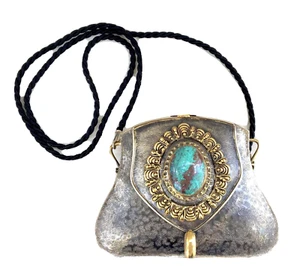 Manuel Vargo Hand Made Silver on Brass Purse with Chrysocolla Center Stone - Picture 1 of 11