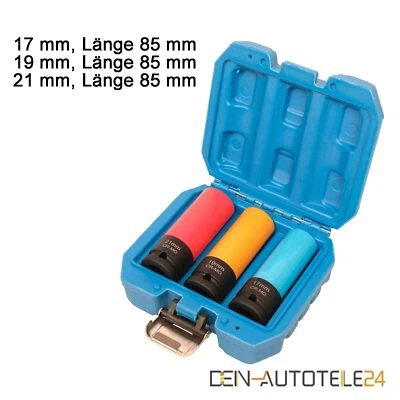 3tlg Felgen Kraft-Stecknuss-Satz Nuss 17 19 21 mm 1⁄2″ Schlagschrauber Sechskant - Bild 1 von 4