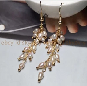 Natural White Freshwater 5-6mm Rice Pearl Grape Cluster Dangle Hook Earrings - Picture 1 of 6