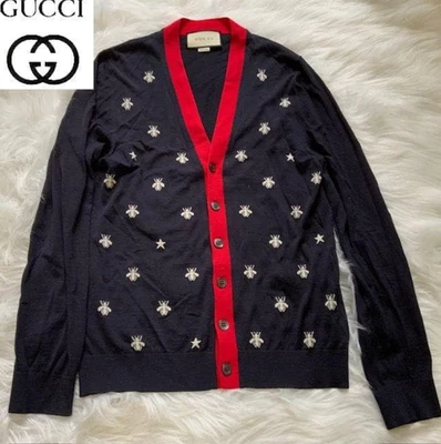 GUCCI Bee Star Embroidered Cardigan Navy Red Italy Made Pre-owned JAPAN - Image 1 of 4