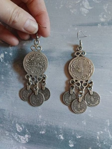 Vintage earrings silver tone faux coin dangle belly dance ethnic Arabic writing - Picture 1 of 6