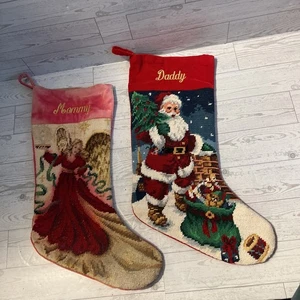 Set Lillian Vernon Vintage Woll-Weihnachtsstrümpfe mit Nadelspitze Mama & Papa 17 Zoll - Bild 1 von 7