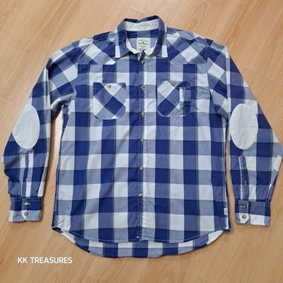 Tom Tailor Shirt Long Sleeve Blue White Check Double Chest Pockets Casual Mens L - Image 1 of 4