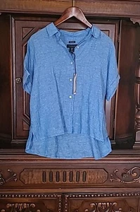 Blusa Camisa Tahari Para Mujer AZUL Manga Corta Abotonada 100% Lino Orgánico M - Imagen 1 de 4