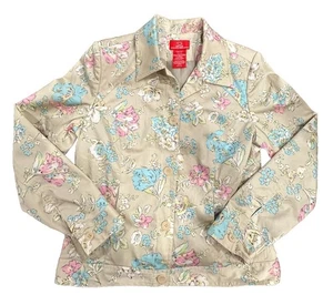 Oscar de la Renta Tan Watercolor Pink Blue Flowers Jacket Blazer sz 10 - Picture 1 of 9