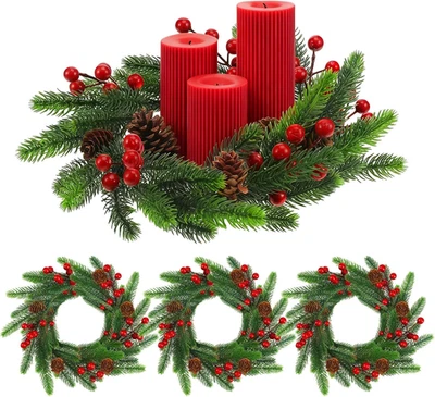 4 Pcs 11 Inch Small Christmas Candle Rings Wreaths Mini Christmas Wreath Artific - Image 1 of 4