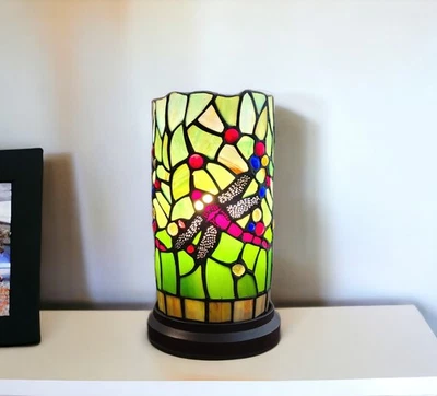 11" Green and Pink Dragonfly Stained Glass Accent Lamp - Image 1 of 4