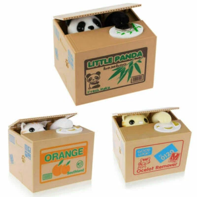 Panda Stealing Coin Money Cat Penny Cents Piggy Bank Saving Box Kids Gift