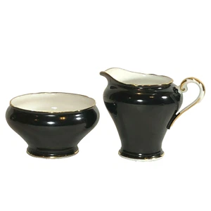 Vintage Aynsley Black White Gold Onyx Sugar bowl creamer Bone china England - Picture 1 of 8