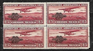 Mexico # C45 MNH Block of 4 (1931) Aeronautic Exposition 25¢ Airmail 20¢ Ovpt - Picture 1 of 1