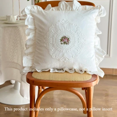 Lace Cotton Floral Embroidery Pillow Case Cushion Cover Ruffle Farmhouse - Image 1 of 4