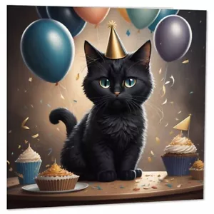 Black Cat Birthday Card Cute kitty 145 x 145mm - Picture 1 of 6