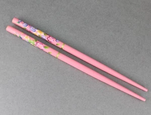 Pink hair sticks set of 2 floral wood chop picks pins flower print 7" long - Picture 1 of 5