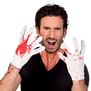 MENS ADULT WHITE BLOODY GLOVES FANCY DRESS HALLOWEEN COSTUME BLOOD STAINED NEW