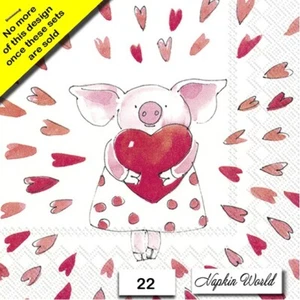 (22) ZWEI individuelle Papier Luncheon Decoupage Servietten - PIGGY LOVE VALENTIN SCHWEIN - Bild 1 von 4