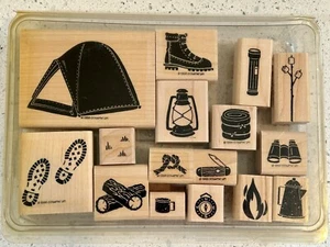 Stampin' Up! 1998 Camping Roughing It Wood Mount Stamp Set of 16 Stamps in Pkg - Picture 1 of 9