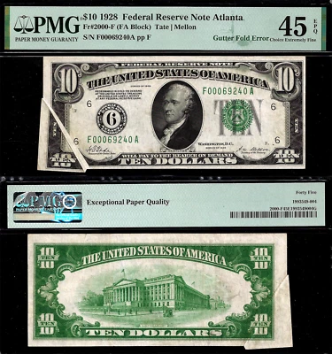 1928 $10 FRN Atlanta PMG 45EPQ Rare Error - Gutter Fold Error - Gold on Demand - Image 1 of 3