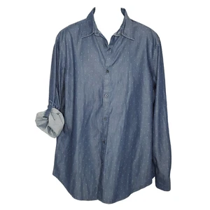 NEW Perry Ellis Mens Button Down Shirt XL Blue Chambray Mini Dot Long Sleeve - Picture 1 of 5